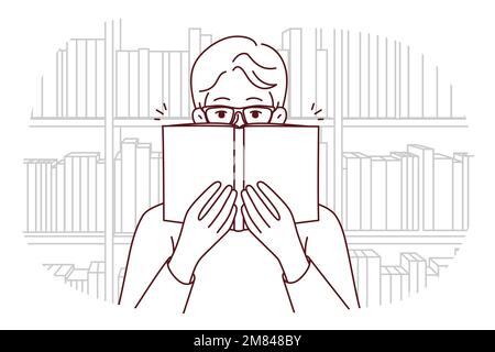 Man in glasses reading book in library. Happy guy in eyewear enjoy literature in bookshop. Education and learning. Vector illustration.  Stock Vector