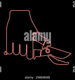 Neon secateur in hand garden pruner pruning shears Clippers Hand scissors Manual cutting use tool red color vector illustration image flat style light Stock Vector