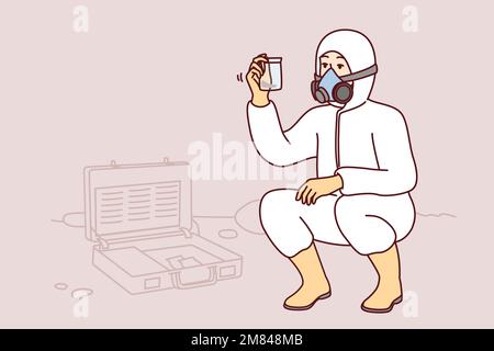 Specialist in chemical protection suit takes sample of earth for further study on analytical harmful substances. Man in respirator examines biohazard samples found on street. Flat vector illustration  Stock Vector