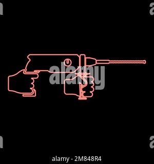 Neon electric rotary hammer drill in hand holding tool use Arm using Power tool red color vector illustration image flat style light Stock Vector