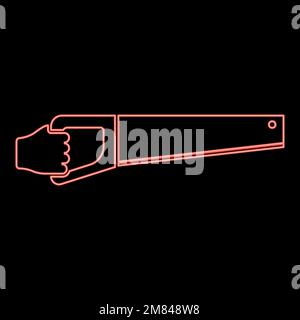 Neon wood saw in hand tool in use Arm for cutting Timber symbol Sawmill concept red color vector illustration image flat style light Stock Vector
