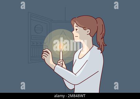 Independent woman with burning candle approaches power shield to find out reason for energy outage. Girl restores electrical wiring with own hands after loss of electricity. Flat vector illustration  Stock Vector