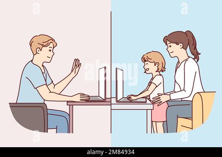 Family communicates remotely using laptop for video calls over Internet during business trips or travel. Man waving hand saying hello to wife and daughter using online communication. Flat vector image Stock Vector