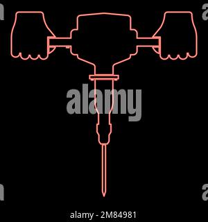 Neon jackhammer in hand holding power tool use Arm using electric instrument red color vector illustration image flat style light Stock Vector