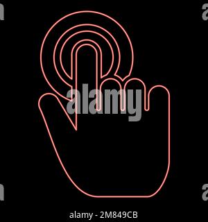 Neon click on button Hand cursor Touch screen red color vector illustration image flat style light Stock Vector