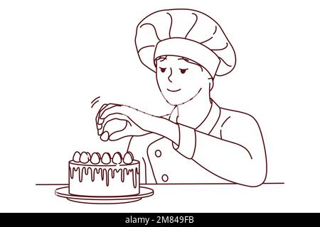 Smiling pastry chef decorating cake with fruits. Happy female baker finishing dessert with raspberries. Cuisine and bakery concept. Vector illustration.  Stock Vector