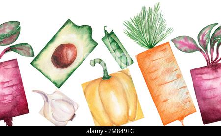 Watercolor cute garden vegetables seamless border, harvest illustration, avocado, beetroot, garlic, peas, carrot and bell pepper clipart, repeat borde Stock Photo