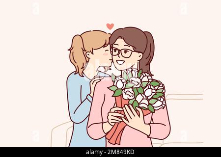 Loving teenage girl gives flowers to mom on eve of eighth of March or mother day. Child kisses woman on cheek after presenting bouquet to babysitter for good job. Flat vector illustration Stock Vector