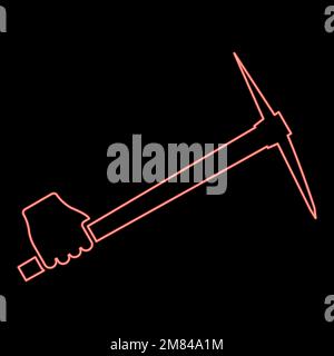 Neon pickaxe in hand tool in use Arm Digging and mining concept Industrial work Mattock quarry red color vector illustration image flat style light Stock Vector