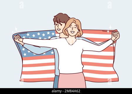 Friendly couple of man and woman posing with USA flag demonstrating patriotism. Guy american stands behind girl hugging girlfriend and stretching national banner on july 14th eve. Flat vector design  Stock Vector