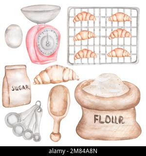 https://l450v.alamy.com/450v/2m84a8n/watercolor-hand-drawn-baking-set-clipart-bakery-supplies-illustration-cooking-culinary-clipart-kitchen-foods-utensils-ingredients-baker-cookies-2m84a8n.jpg