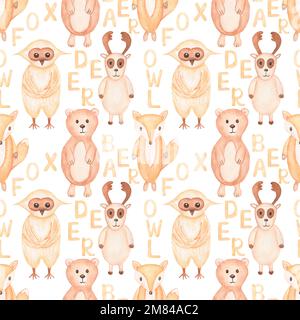 Woodland animals seamless pattern, Watercolor hand drawn kids paper, forest animal repeat paper, cute bear, deer, owl, fox, children pattern in brown Stock Photo