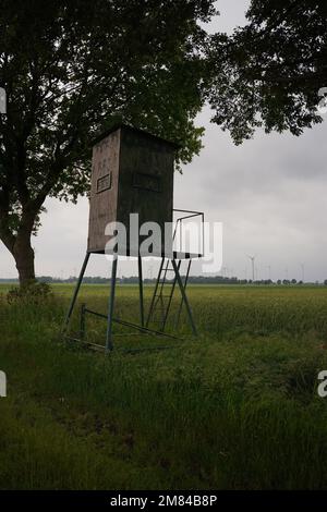 Watchtower on cloudy day, hunting tower, vertical view Stock Photo