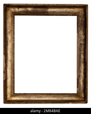 Antique golden frame isolated on white background. Old wooden frame with floral carvings painted with gold paint. Italian heritage and antiquities Stock Photo