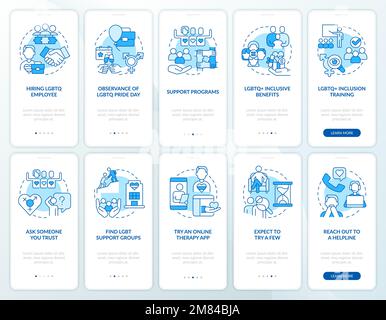 LGBTQI workplace and therapist blue onboarding mobile app screens set Stock Vector