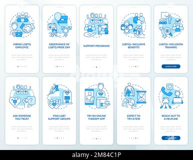LGBTQI workplace and therapist blue onboarding mobile app screens set Stock Vector
