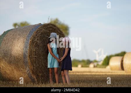 Two girls joking around a haystack Stock Photo