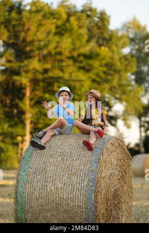 Children sit on a haystack and clap their hands cheerfully, a boy and a girl have fun in nature, cheerful teenagers love Stock Photo