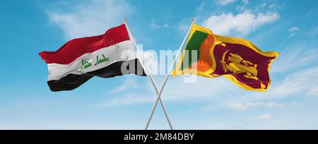 two crossed flags Sri Lanka and Iraq waving in wind at cloudy sky. Concept of relationship, dialog, travelling between two countries. 3d illustration Stock Photo