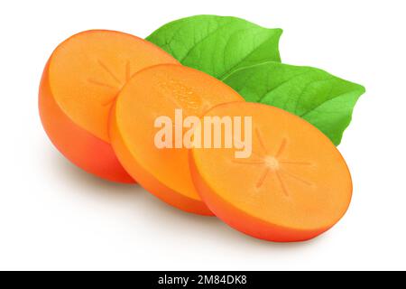 Persimmon fruit sliced isolated on white background with full depth of field Stock Photo