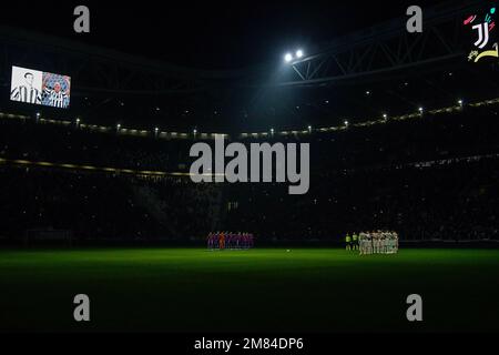 An image of Former Cremonese, Juventus, Sampdoria, Chelsea and Italy Gianluca Vialli is projecterd onto the stadium screen as a minute's silence is held following his death at 58 years old on 6th January 2023 during Serie A 2022/23 match between Juventus FC and Udinese Calcio at Allianz Stadium on January 07, 2023 in Turin, Italy Stock Photo