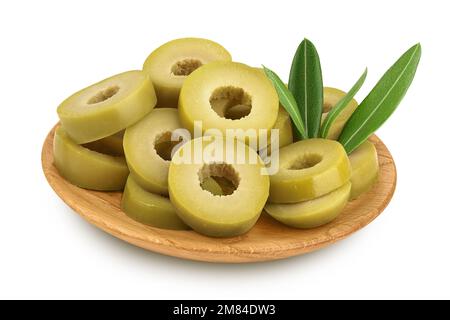 Green olives with leaves in wooden bowl isolated on a white background with full depth of field. Stock Photo