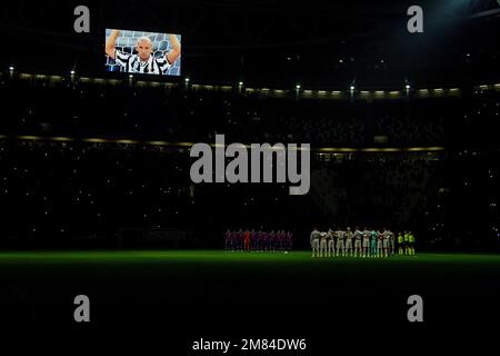 An image of Former Cremonese, Juventus, Sampdoria, Chelsea and Italy Gianluca Vialli is projecterd onto the stadium screen as a minute's silence is held following his death at 58 years old on 6th January 2023 during Serie A 2022/23 match between Juventus FC and Udinese Calcio at Allianz Stadium on January 07, 2023 in Turin, Italy Stock Photo