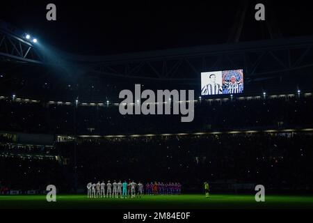 An image of Former Cremonese, Juventus, Sampdoria, Chelsea and Italy Gianluca Vialli is projecterd onto the stadium screen as a minute's silence is held following his death at 58 years old on 6th January 2023 during Serie A 2022/23 match between Juventus FC and Udinese Calcio at Allianz Stadium on January 07, 2023 in Turin, Italy Stock Photo