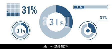 31 percent loading data icon set. Thirty-one circle diagram, pie donut chart, progress bar. 31% percentage infographic. Vector concept collection, blu Stock Vector