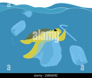 Marine turtle stuck in plastic bag floating among other plastic trash in a sea Stock Vector