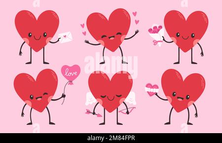 Cartoon heart character set. Cute love symbol with face, hands and feet, emoji stickers emoticon vector Stock Vector