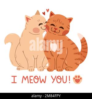 Couple of cats. Draw vector character design couple love of cat for Valentines day I meow you Stock Vector