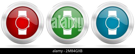 Smartwatch, smart watch vector icon set. Red, blue and green silver metallic web buttons with chrome border Stock Vector