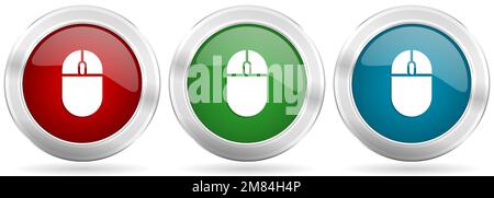 Mouse, computer vector icon set. Red, blue and green silver metallic web buttons with chrome border Stock Vector
