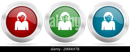 Call center vector icon set. Red, blue and green silver metallic web buttons with chrome border Stock Vector