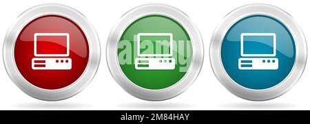 Computer vector icon set. Red, blue and green silver metallic web buttons with chrome border Stock Vector