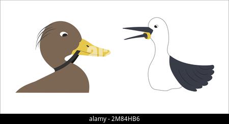 Marine birds with their beaks stuck in plastic trash and not able to release. Stock Vector