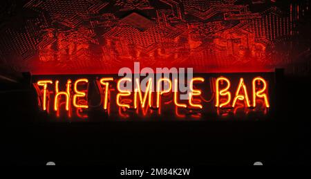 Orange neon sign at the Temple Bar, Dublin, Est 1840, 47-48 Temple Bar, Dublin 2, D02 N725, Eire, Ireland Stock Photo