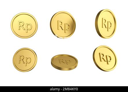 3d illustration Set of gold Indonesian rupiah coin in different angels on white background Stock Photo