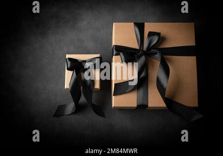Set of gift boxes on a black background. Stock Photo