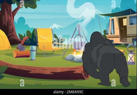 Gorilla camping background gorilla vector art tent Stock Vector