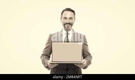 webinar pc advertisement. businessman presenting product. presentation on computer. Stock Photo