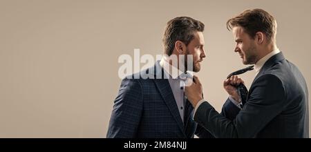 Man face portrait, banner with copy space. displeased colleague dispute. negotiations. businessmen talking and discussing conflict. Stock Photo