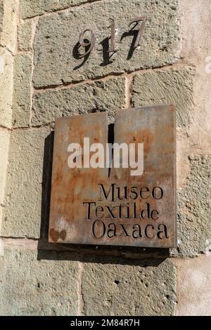 Plaque on the Textile Museum of Oaxaca or Museo Textil de Oaxaca in the historic center of Oaxaca, Mexico. Stock Photo