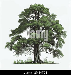 Realistic green tallest tree in the world sequoia on a white background - Vector illustration Stock Vector