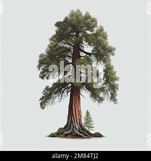 Realistic green tallest tree in the world sequoia on a white background - Vector illustration Stock Vector