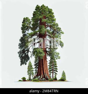 Realistic green tallest tree in the world sequoia on a white background - Vector illustration Stock Vector