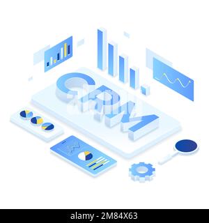 CRM solution isometric illustration concept. Illustration for websites, landing pages, mobile applications, posters and banners Stock Vector