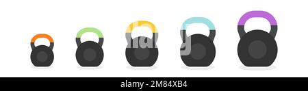 Filled icon set kettlebells. Different sizes and colors. Vector illustration, flat design Stock Vector