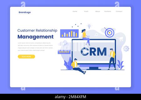 Customer relationship management landing page template. Illustration for websites, landing pages, mobile applications, posters and banners. Stock Vector